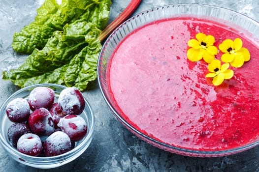 Summer cool soup with cherry and rhubarb.Fruit soup. Summer food.
