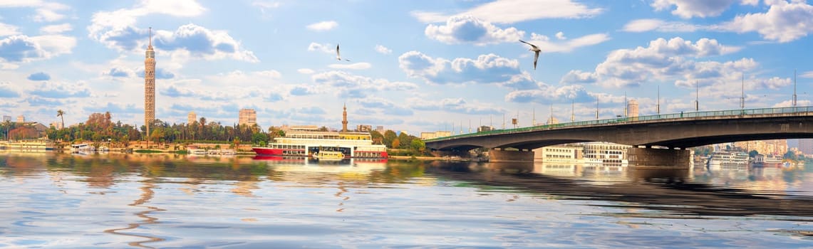 Cairo bridge over the Nile and the Tower, panoramic view.