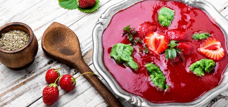 Summer cool soup with strawberry.Fruit soup.Summer food.