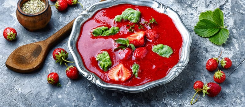 Summer cool soup with strawberry.Fruit soup.Summer food.