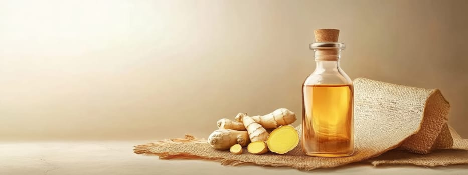 ginger oil extract in a small jar with a white tag, Generative AI, nature