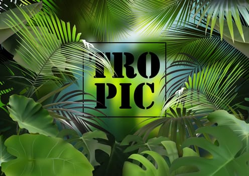 Tropical Background with Photorealistic Vegetation - Exotic Composition with Detailed Tropical Plants and Blurred Jungle, Illustration