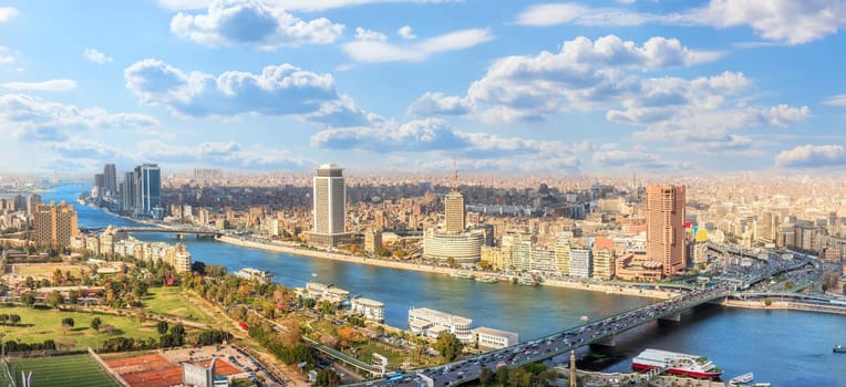 Cairo downtown panorama, view on the Nile and bridges.