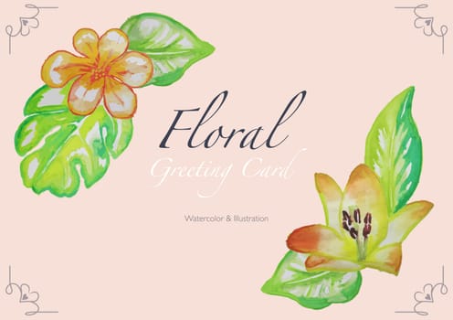Floral Watercolor Greeting Card with Decorative Corner Frames - Source Illustration for Wedding Invitation or Other Festive Graphic Design