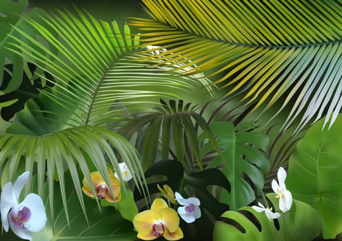 Tropical Background with Photorealistic Vegetation - Exotic Flowers with Detailed Tropical Plants and Blurred Jungle
