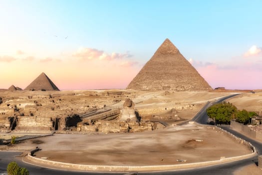 The Shpinx and the Pyramids, view from Giza hotel, Egypt.