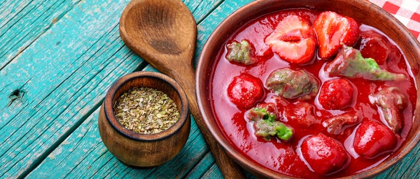 Seasonal summer fruit soup.Soup with strawberries.Cold soup.Fruit soup.