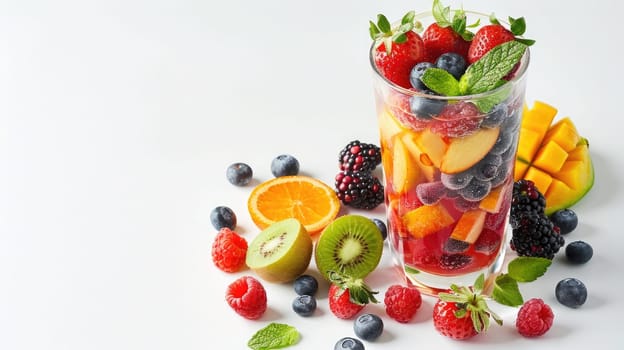 A colorful cocktail showcases a variety of blended fruits in a transparent glass. Striking layers of strawberries, mango, and blueberries are topped with mint leaves, ready to be enjoyed.