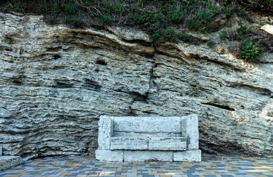 Natural stone bench from travertine in resort Pyatigorsk.