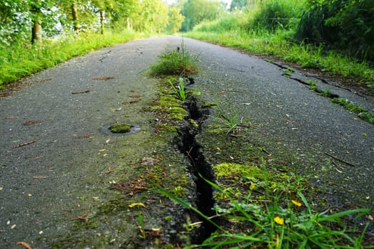 Wide crack in a road in summer