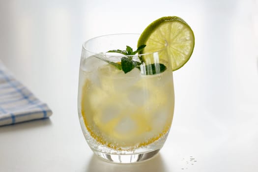 Mineral water with lemon in a steaming glass with slices of lemon, lime and a sprig of mint
