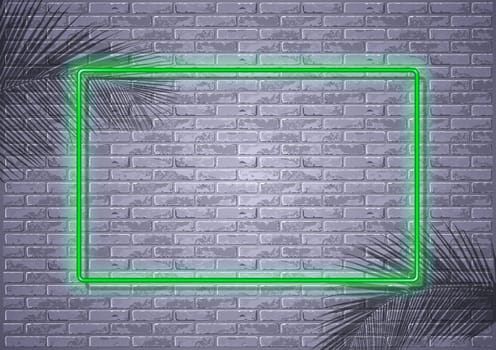 Green Neon Light Frame on Brick Wall and Palm Leaf Shadows - Tropical Background for Your Photo or Image, Illustration