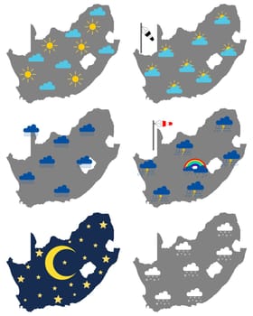 Karten von Südafrika mit verschiedenen Wettersymbolen