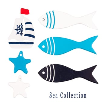 Nautical wooden shabby decor collection isolated on white