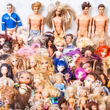 MOSCOW, RUSSIA - JUNE 17, 2019: lot of various old used fashion dolls ( Barbie, Ken, Shelly, Chelsea, Kelly, Bratz, Moxie, My Scene, Winx, Witch, etc)