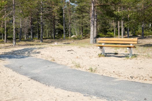 Bench in sand by tarmac walkway