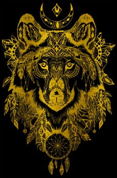 wolf dream catcher ethnic native indian tribe metallic golden illustration