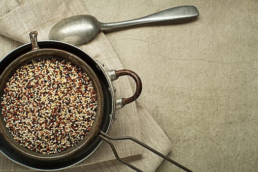 Three-color quinoa seeds. Superfood and healthy gluten free eating concept.