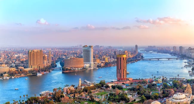 Cairo downtown, view of the Nile, the skyscrappers and the bridges, Egypt.