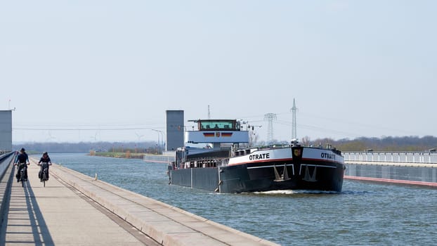 A cargo ship on the trough bridge completed in 2003 over the river Elbe near Hohenwarthe