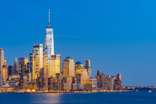 Aerial view of New York city Manhattan skyline cityscape at dusk from New Jersey.