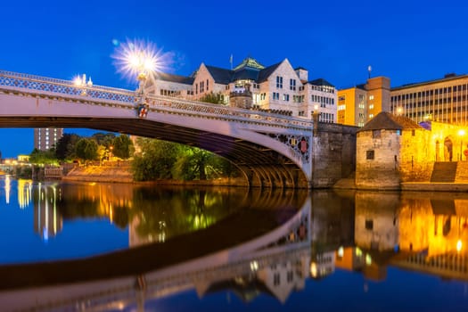 York cityscape along river ouse sunset dusk, York Yorkshire England UK.