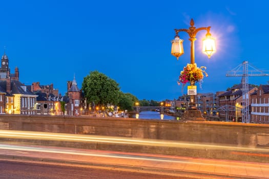 York cityscape along river ouse sunset dusk, York Yorkshire England UK.