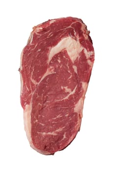 Slice of thick juicy raw beef steak with marbled fat isolated on white ready for grilling on a summer BBQ