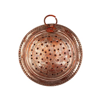 Old copper sieve top view isolated