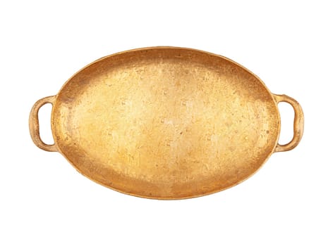 Large brass oval tray of gold color isolated top view