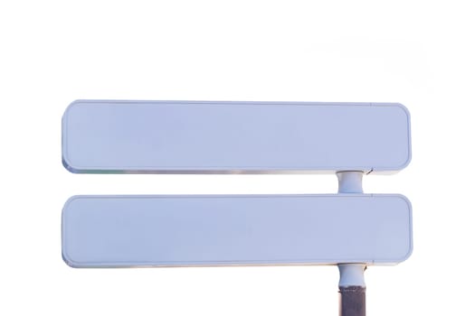 Empty traffic signs. Closeup of two white traffic or road name signs isolated on a white background. Blank large copy space background.