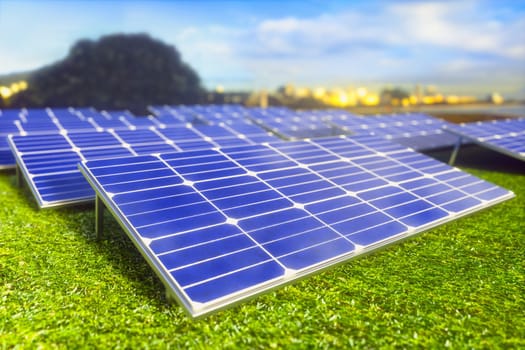 Solar panels spread across the field on the green grass. In the background the city for which energy is provided.