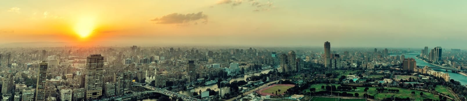 Panorama of Cairo at sunset, aerial view.