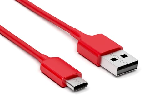 Red USB-C and USB-A cables on white background