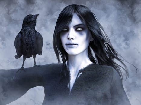 3D rendering of a dead ghost woman wraith with a black crow on her arm. Foggy or smokey background.