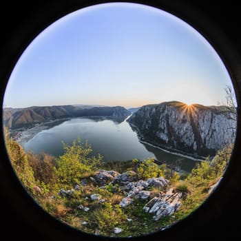 landscape in the Danube Gorges "Cazanele Mari"" seen from the Romanian side"