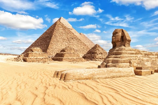 View on the Great Sphinx and the Pyramids in Giza.