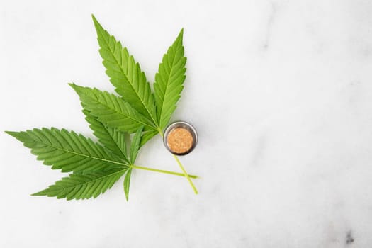 Cannabis leaf with bottle of CBD oil on marble surface with copy space viewed from directly above