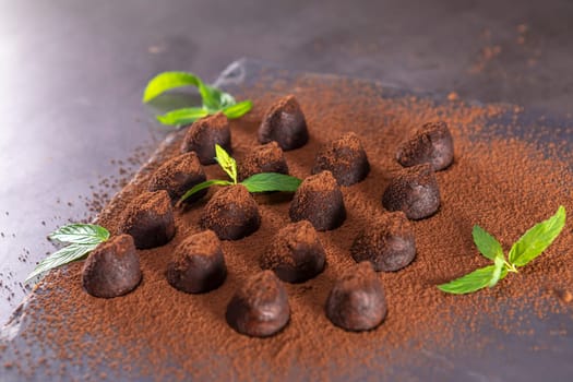 Homemade chocolate truffles with mint sprinkled with cocoa powder on slate. Focus on truffle.