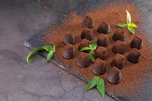 Homemade chocolate truffles with mint sprinkled with cocoa powder on slate. Focus on leaf.