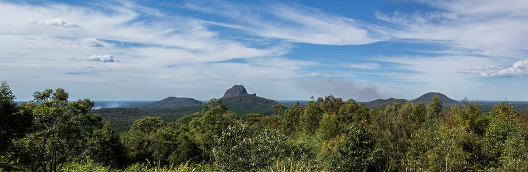 View from the aptly named Glass House Mountains Lookout towards, from left to right, Mount Cooee (191m), Mount Tibrogargan (364m), Mount Tibberoowuccum (220m) and Mount Beerburrum (278m)