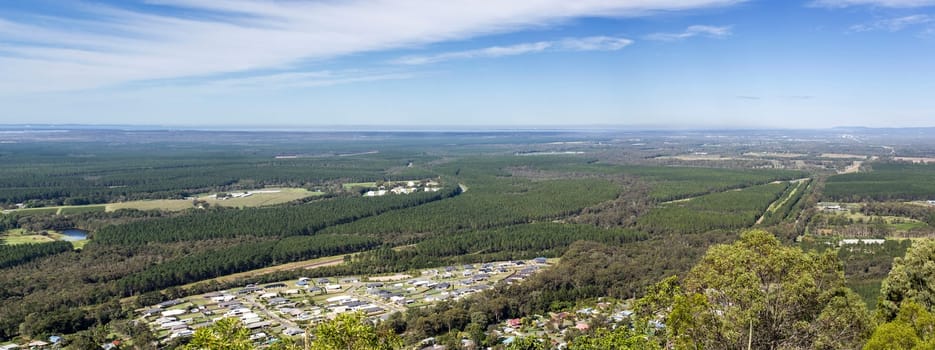 Panoramic view towards the southwest from the fire tower at the summit of Mount Beerburrum, Glass House Mountains, Australia