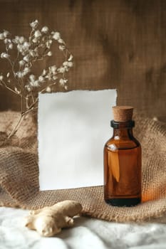 ginger oil extract in a small jar with a white tag, Generative AI, nature