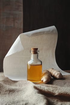 ginger oil extract in a small jar with a white tag, Generative AI, nature