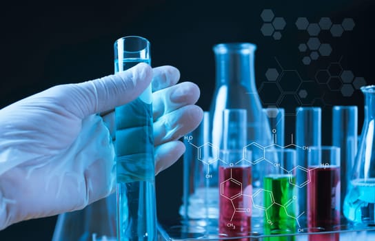 Glass laboratory chemical test tubes with liquid for analytical , medical, pharmaceutical and scientific research concept.