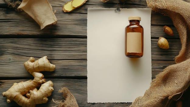 ginger oil extract in a small jar with a white tag, Generative AI, nature