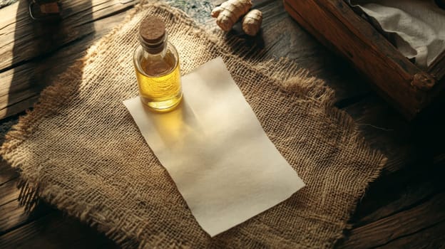 ginger oil extract in a small jar with a white tag, Generative AI, nature