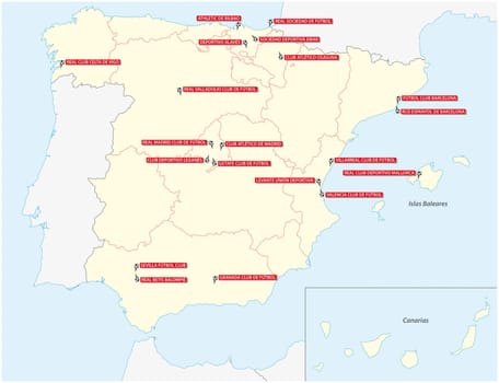 Map with the twenty clubs of the first Spanish Football League 2019 2020