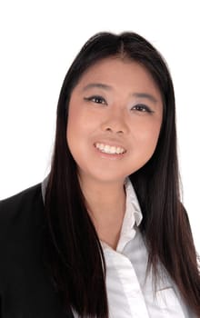 A beautiful young Chinese woman in an portrait image with her long.black hair and black jacket, isolated for white background.
