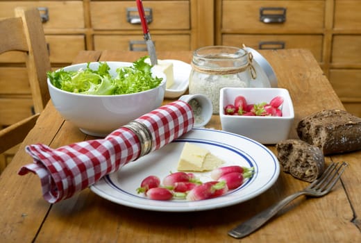 plate with radish, butter and salad on a table